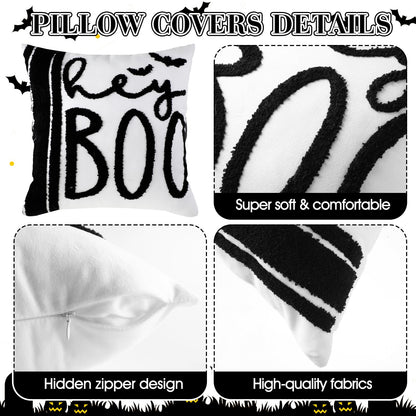 Beeveer 4 Pcs Halloween Throw Pillow Covers Set 18x18 Inch White Crochet Cute Ghost Pillow Case Embroidered Cushion Covers for Halloween Horror Farmhouse Couch Sofa Room Decor