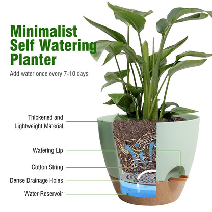 WSMKSZ 8 inch Self Watering Pots, 2 Pack Plastic Planters with Mesh Drainage Holes for Garden Plants and Flower, Plants Pots with Deep Reservoir for Indoor Outdoor Plants, Green with Brown