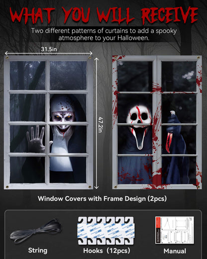 YUSPENYE 2 Pack of Halloween Sister Ghost Window Door Cover, Halloween Decoration, Party Decors