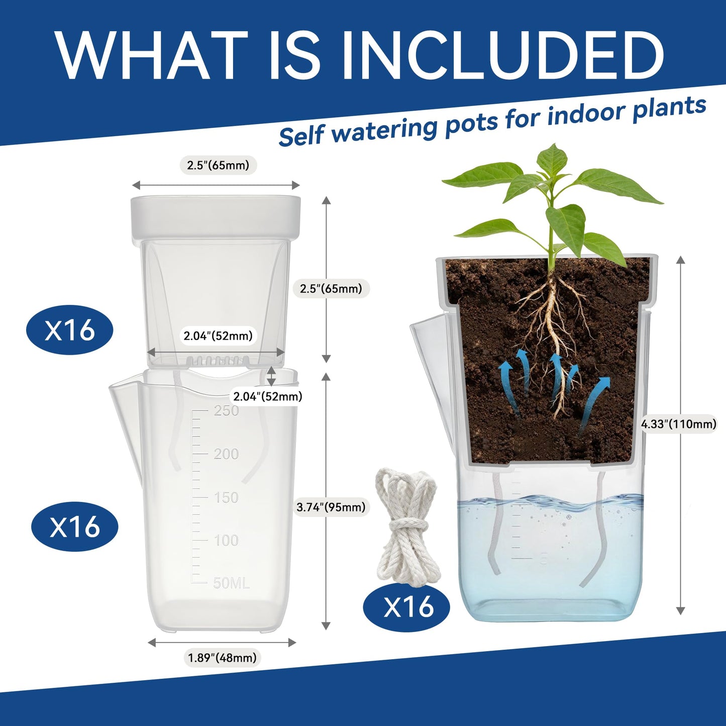 sunanday 16 Pack 2.5" Medium Self Watering Pots for Indoor Plants, Small Clear Plastic Planters,Self Watering Planters Garden Flower Pots for African Violet, Hoya, Seedlings, Cuttings &Semi-Hydro