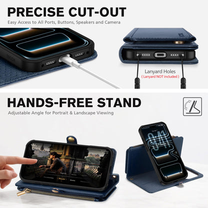 TUCCH Crossbody Detachable Wallet Case for iPhone 17 Pro Max 6.9", 10 Card Holders RFID Blocking, Wireless Charging, Stand, Wrist Strap, Lanyard, Zipper Pocket, PU Leather Shockproof Cover, Dark Blue