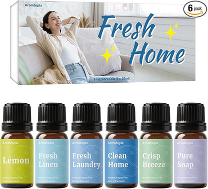 Diffuser Fragrance Oils, Aromtopia Essential Oils for Diffusers for Home, 6x10ml Fresh Home Set, Clean Scents for Candle Soap Making, Dryer Ball, Fresh Linen, Crisp Breeze, Fresh Laundry, Lemon