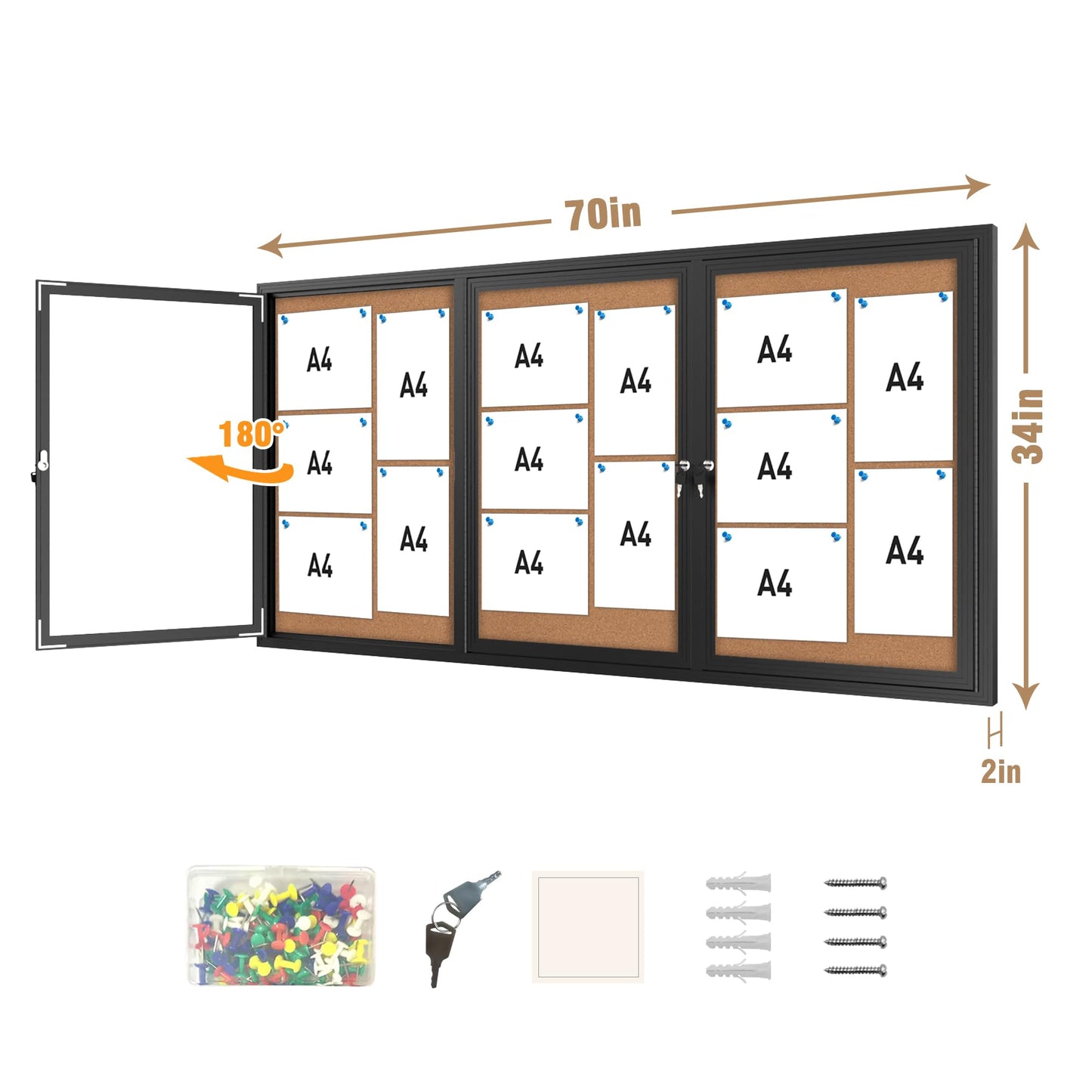Mifuro 70"x34" Enclosed Bulletin Board, Outdoor Lockable Weather-Resistant Aluminum Cork Noticeboard for School & Office, Black Frame w/Cork