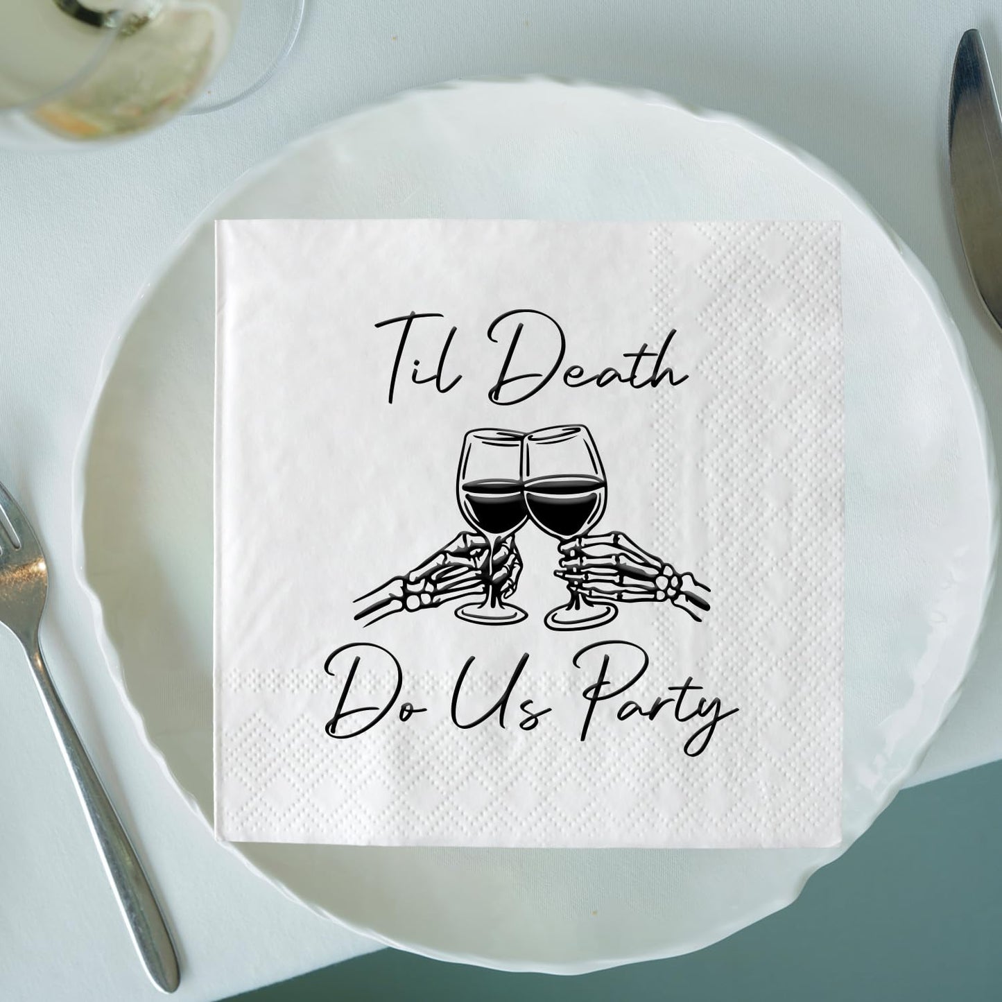 XIUHUBA Til Death Do Us Party Napkins, 50 Pack Black and White Halloween Skeleton Skull Cocktail Napkins for Funny Engagement Bachelorette Wedding Bridal Shower Party Decorations, 3-Ply