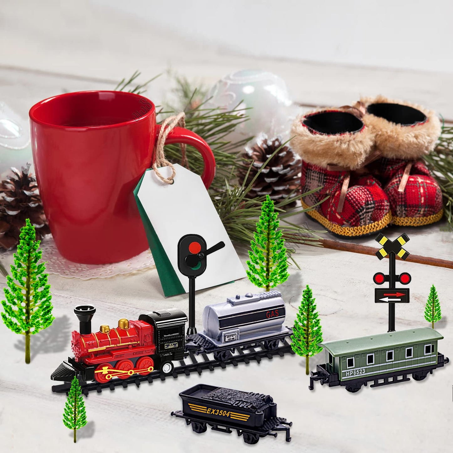 MEMOVAN Train Cake Toppers 13pcs Train Cake Decorations Mini Trains Toy Traffic Track Railway Lights Cake Topper Decorations for Boy's Kids Steam Trains Theme Birthday Party Supplies