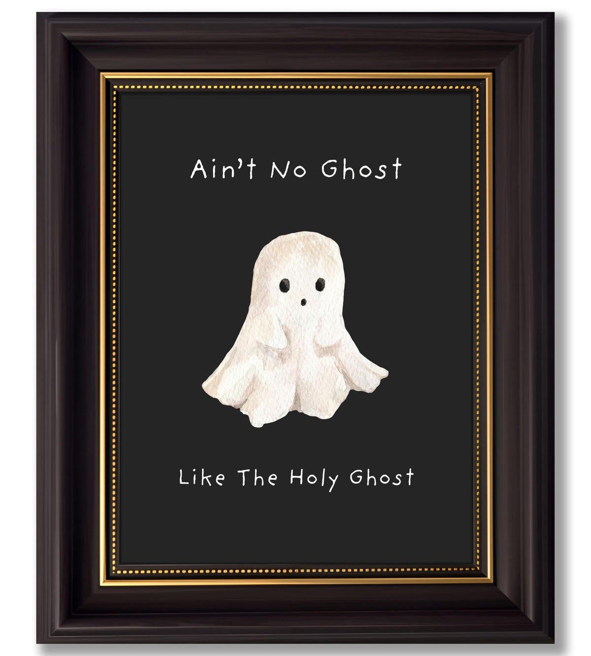 Vbaourut Framed Cute Halloween Wall Art, Funny Holy Ghost Canvas Painting, Cute Ghost Poster with Dark Brown Frame and Upgraded Hook and Loop for Living Room, 9x11 in