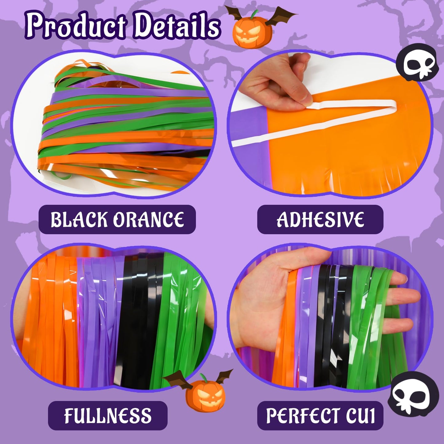 3 Pack Halloween Foil Fringe Curtains Party Decoration, Include 24pcs 3D Bat Stickers and Banner Tinsel Streamers Photo Booth Backdrop Wall Decor for Halloween Party Decoration Supplies