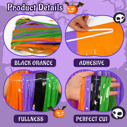 3 Pack Halloween Foil Fringe Curtains Party Decoration, Include 24pcs 3D Bat Stickers and Banner Tinsel Streamers Photo Booth Backdrop Wall Decor for Halloween Party Decoration Supplies