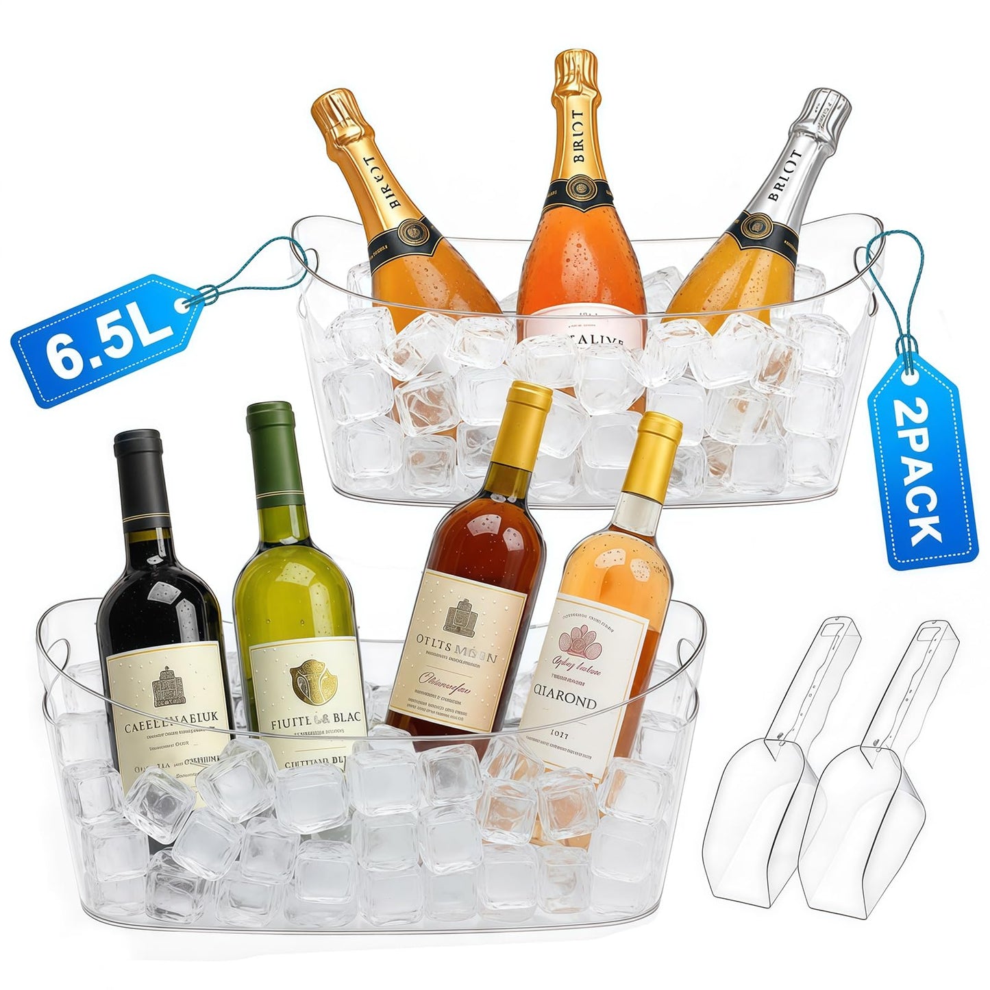 6.5L Ice Bucket 2 Pack Ice Buckets for Parties, Beverage Tub for Cocktail Bar with Handle, Drink Cooler for Wine Beer Champagne, Clear Ice Bucket with Scoop for Mimosa Bar Drink Chiller