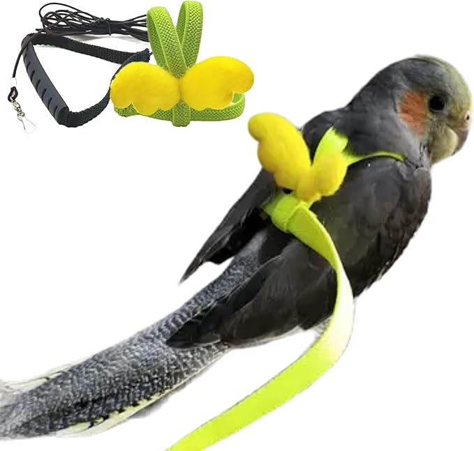Pet Parrot Bird Harness Leash Adjustable Bird Flying Harness Traction Rope with Cute for Parrots Budgerigar Lovebird Cockatiel Mynah Outdoor Training Toy (Cockatiel/Green-cheeked Conure,Yellow)