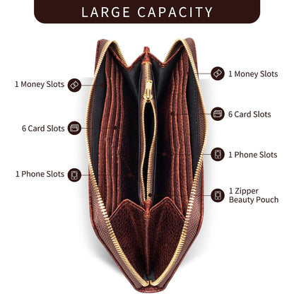 RMAWRAD genuine leather long bi-fold wallet/card holder, unisex, made of full-grain cowhide, with card slots and a coin purse, brown.