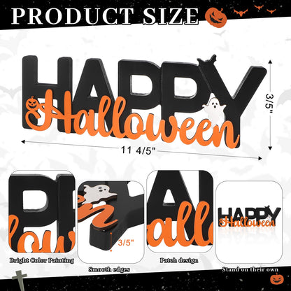 COCHIE Wooden Happy Halloween Sign, Ghost Decorations for Home, Office, Shelf, Mantel, Indoor, Wood J-o-lantern Pumpkin Decor, Black Orange Spooky Table Top Party Decoration (Happy Halloween)