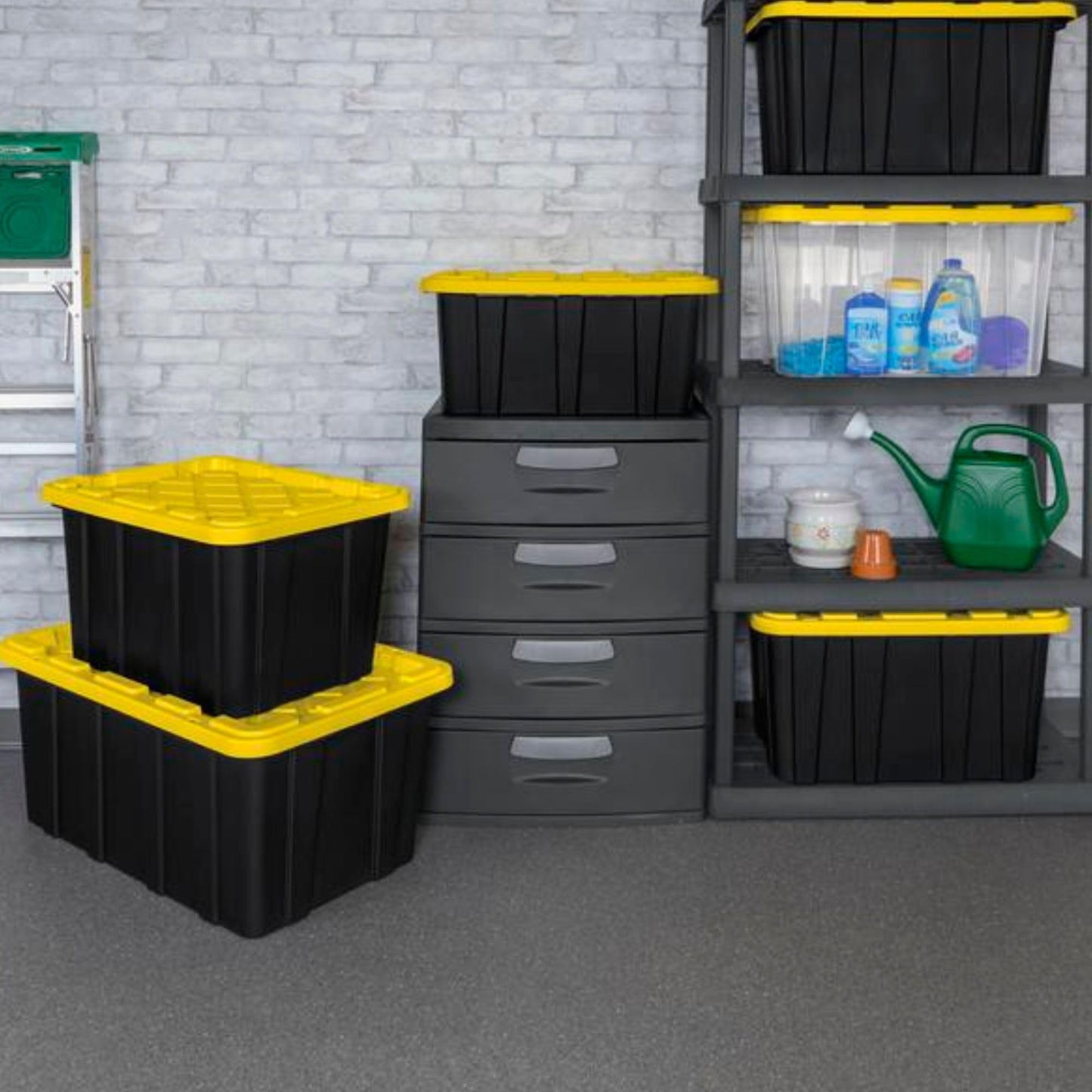 Sterilite 4-Pack 27 Gallon Industrial Storage Tote, Heavy-Duty Plastic Bins, Black/Yellow - Stackable Utility Organizers with Lids for Garage, Camping Tools, and Outdoor Gear