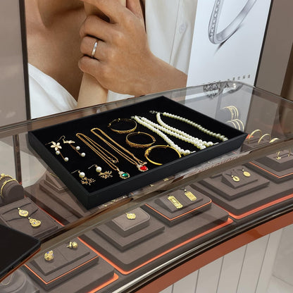 SCIKHEFT Black Velvet Stackable Jewelry Display Tray Storage Organizing Trays Empty Plate (13.78" L x 9.45" W x 1.18" H in) (2)
