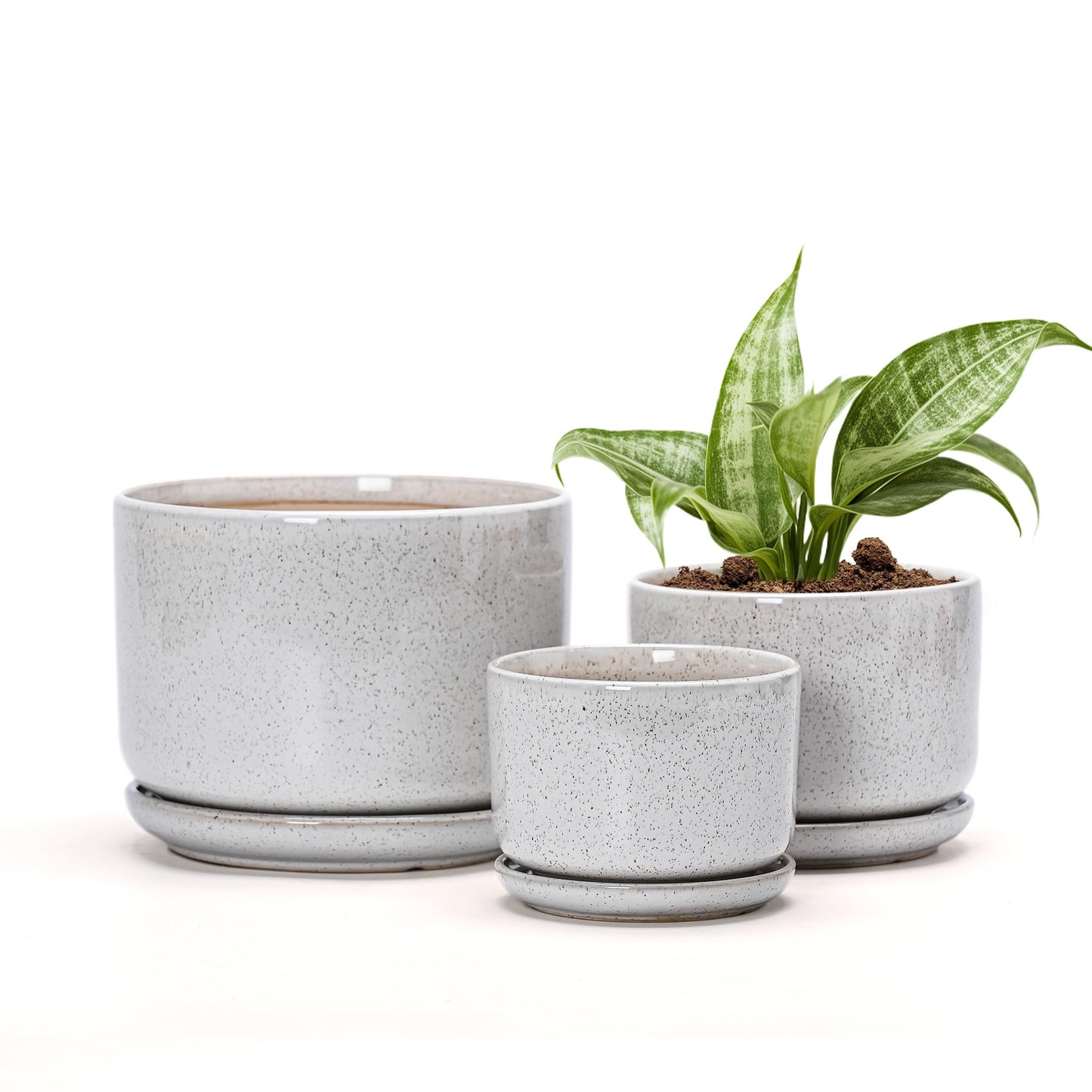 Ton Sin Plant Pots, 4.1+5.1+6.5 inch, Set of 3, Ceramic Planters with Drainage Hole and Saucer, Indoor Flower Pot with Drainage Hole, Gifts for Mom(Reactive Glaze White)