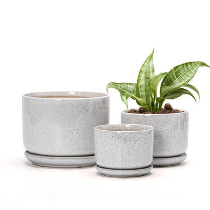 Ton Sin Plant Pots, 4.1+5.1+6.5 inch, Set of 3, Ceramic Planters with Drainage Hole and Saucer, Indoor Flower Pot with Drainage Hole, Gifts for Mom(Reactive Glaze White)