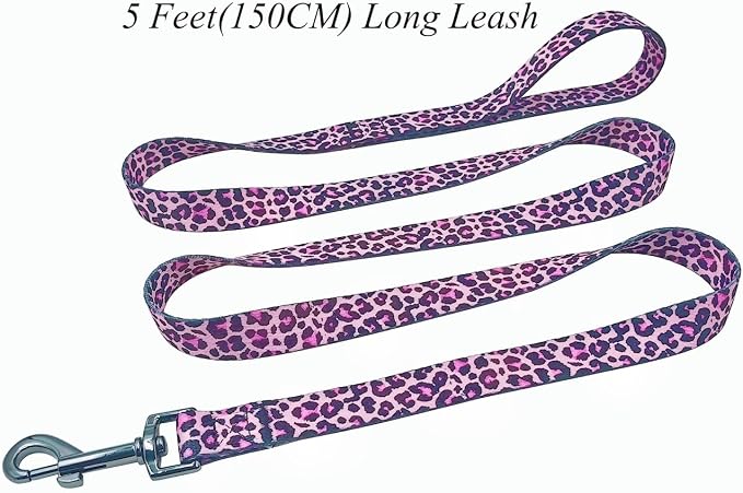Dog Collar Leash Set, Leopard Pattern, Polyester Material, Adjustable Collar and 5ft Matching Leash, for Medium Dogs.(M, Colorful Leopard)