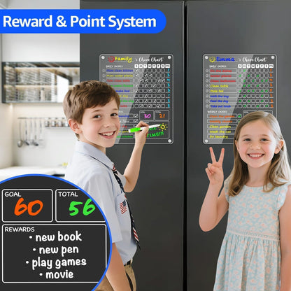 PigPotParty Acrylic Magnetic Chore Chart for Kids on Fridge – 9.5"x12" Daily & Weekly Dry Erase Chore Board with 8 Fine Tip Markers and 1 Towel – Responsibility Chart with Reward Point System