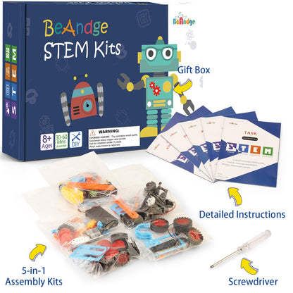 5 Set Individual STEM Kit for Kids, 2nd Grade Boy Toys Bulk Gifts, 8 9 Year Old Boys Gift Ideas, Classroom Science Kits Craft Projects Class Activity, Robot Wind Powered Car Building Activities