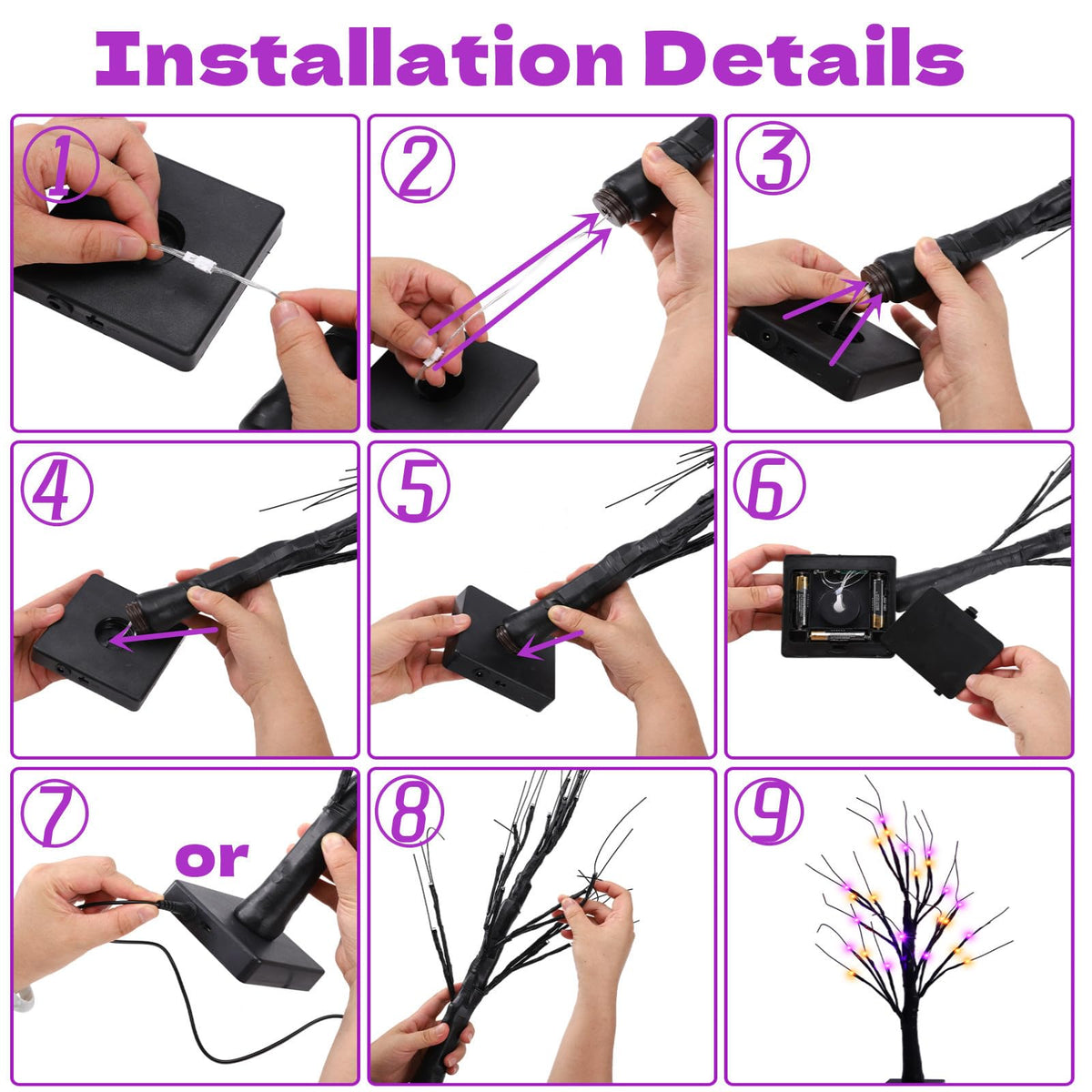 Efunly 2 Pack 24 Inch Halloween Black Spooky Tree with Orange & Purple Lights, USB&Battery Operated Tabletop Halloween Black Tree with Timer for Indoor Home Holiday Party Decorations