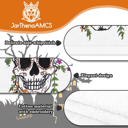 JarThenaAMCS 2 Pcs Halloween Skull Hand Towels Flower Skull Embroidered Cotton Towel Dish Towel with Ribbon for Kitchen Bathroom Drying Cleaning, 29.5 x 13.7 Inch