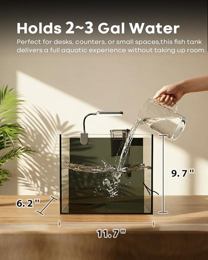 3 Gallon Small Fish Tank Glass Aquarium Set, Starter Kit with Heater Water Pump Cleaning Filter Bright Light Rocks Gravel Cleaning Tool, Leak-Proof Clear Rimless Desktop Spaces Saving Betta Fish