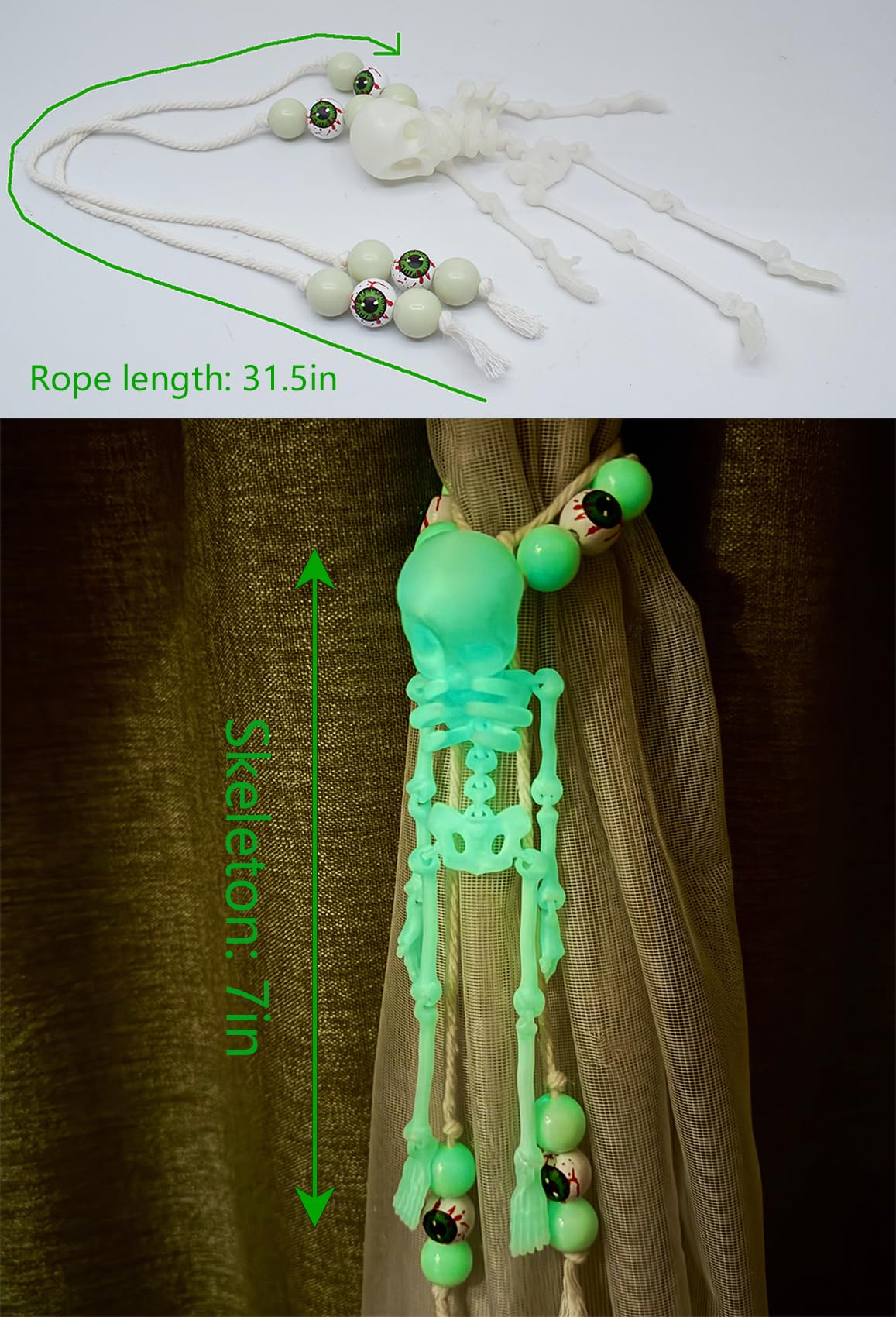 Halloween Curtain Tiebacks Glow in The Dark Skeleton Curtain Holders for Halloween Decor, 2pcs