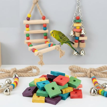20PCS Colorful Wooden Chew Toys for Small Birds,Mini Wooden Blocks for Parrots, DIY Playtime Chewing Charms,Safe Bite Toys for Large Birds & Parakeets