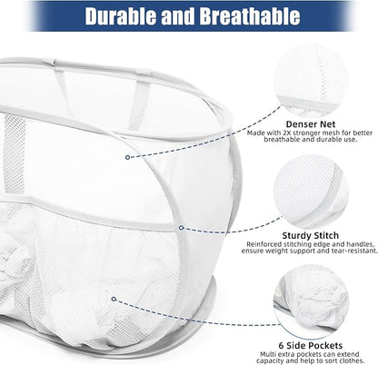 Collapsible Laundry Baskets, Upgrade Pop Up Laundry Hamper with Convenient Bags, Foldable Laundry Basket Mesh Light Weight, Easy to Carry Clothes Hampers for Laundry, Dorm, Toys, Travel White