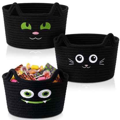 Yungyan 3 Pcs Black Cat Baskets, Woven Cotton Rope Cat Storage Bin Organizer, Trick or Treat Candy Bowls, Boo Gift Basket, Halloween Party Supplies for Laundry, Baby, Towels, Blankets, Animal