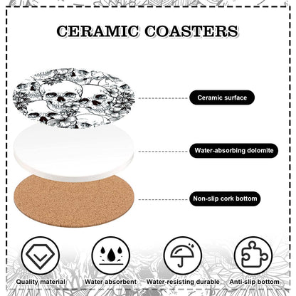 Whaline 6Pcs Halloween Ceramic Coasters with Iron Holder Skull Floral Drink Coasters Absorbent Cup Mat for Mug Cup Home Kitchen Party Table Decor