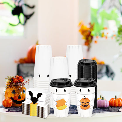Whaline 60 Set Halloween Disposable Coffee Cups with Lids and Bat Candy Cone Pumpkin Sleeves 16 Oz Ghost Paper To Go Cups for Trick or Treat Party Supplies