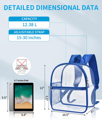 Paxiland Clear Backpack Stadium Approved 12×12×6 with Reinforced and Wider Shoulder Straps, Small Clear Bag for Schools, Concerts, Work, Festivals and Sporting Events - Blue