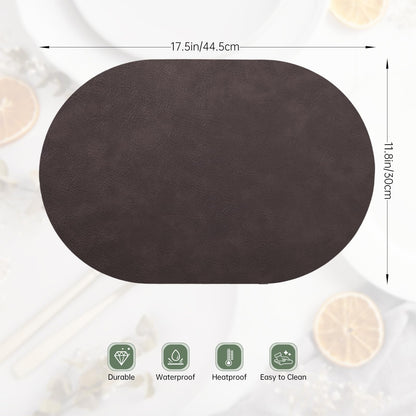 Oval Placemats Set of 6, Faux Leather Place Mats for Dining Table Dual Sided Placemats Heat Resistant Washable Wipeable Table Mats for Indoor Outdoor, Dark Brown/Black