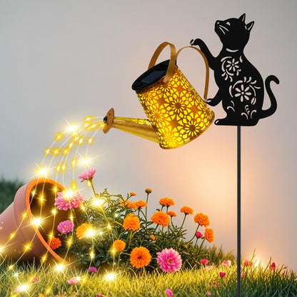Solar Lights Outdoor Decorative, Watering Can with Cascading Lights, with Cat Silhouette Garden Stakes, Gifts for Mom Women, Waterproof Metal Garden Decor for Yard Art, Outside, Patio, Lawn Ornaments