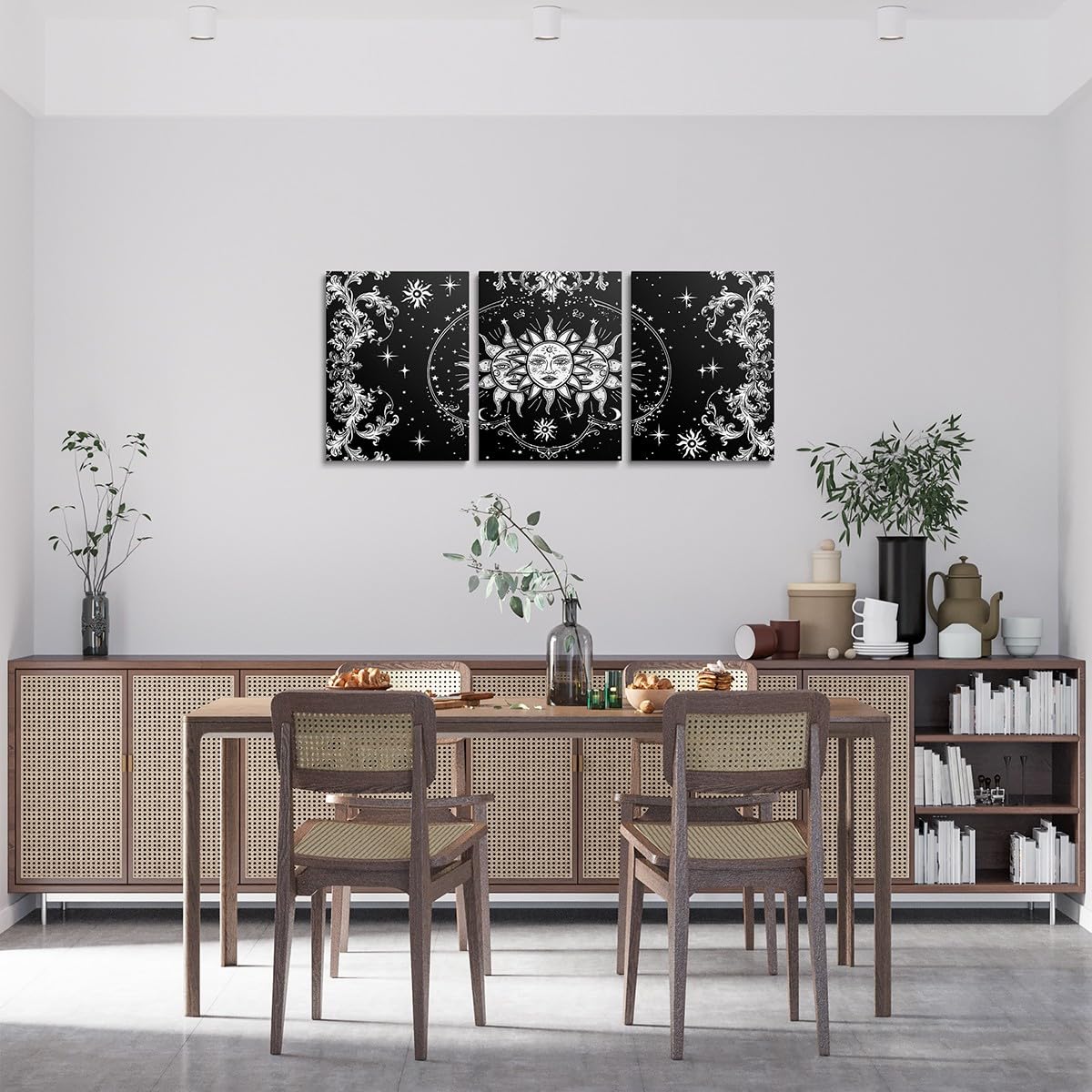 Sun And Moon Canvas Wall Art Set of 3 for Bedroom Living Room, Boho Exotic Style Paintings Wall Decor Black White Bohemian Mandala Print Wall Art Botanical Floral Decor Poster Prints