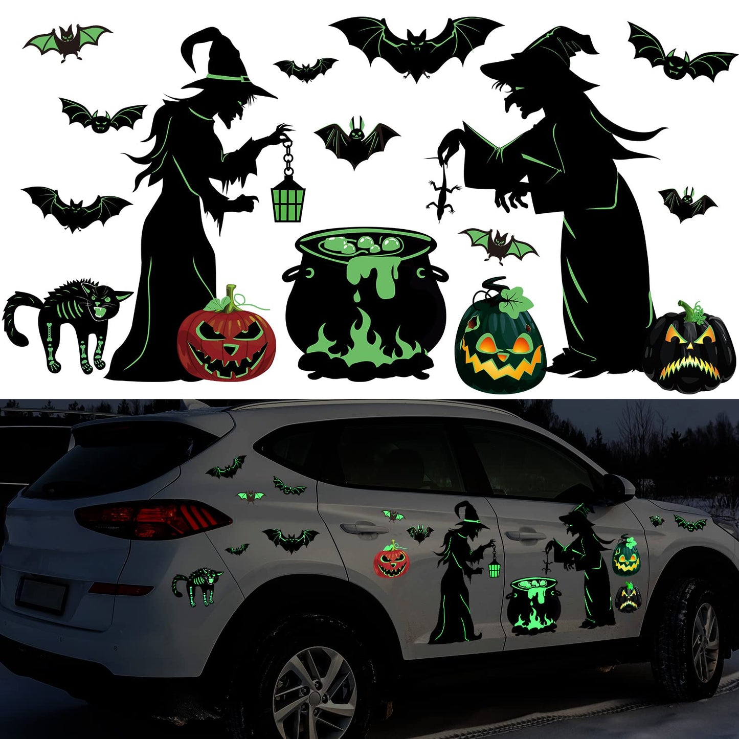 Funrous 16 Pieces Halloween Magnet Decorations Luminous Halloween Fridge Magnet Pumpkin Witch Bats Reflective Sticker for Metal Door Kitchen Garage Car Spooktacular Decoration Party Supplies Decor