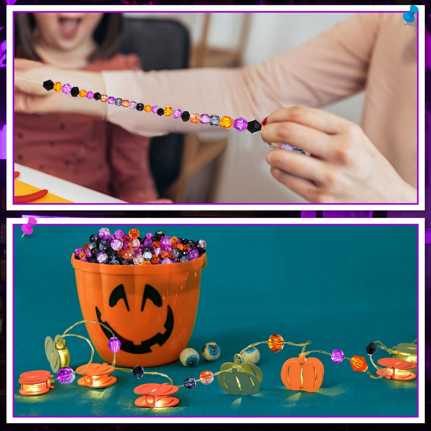 Landical 1215 Pcs Halloween Glass Beads Black Purple Orange Bicone Crystal Beads Faceted Design for DIY Jewelry Necklace Wristband Earring, Mixed Shapes and Size
