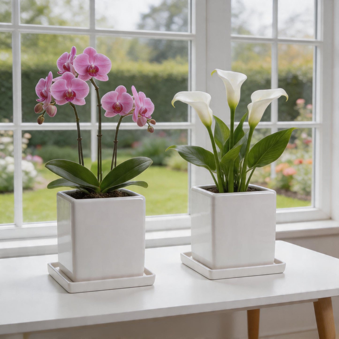 White Ceramic Plant Pots with Saucers, 6 Inch Square Planter Pots Set of 2, Modern Minimalist Medium Flower Pots for Indoor Plants, Snake Plants, Monstera, Home Decor