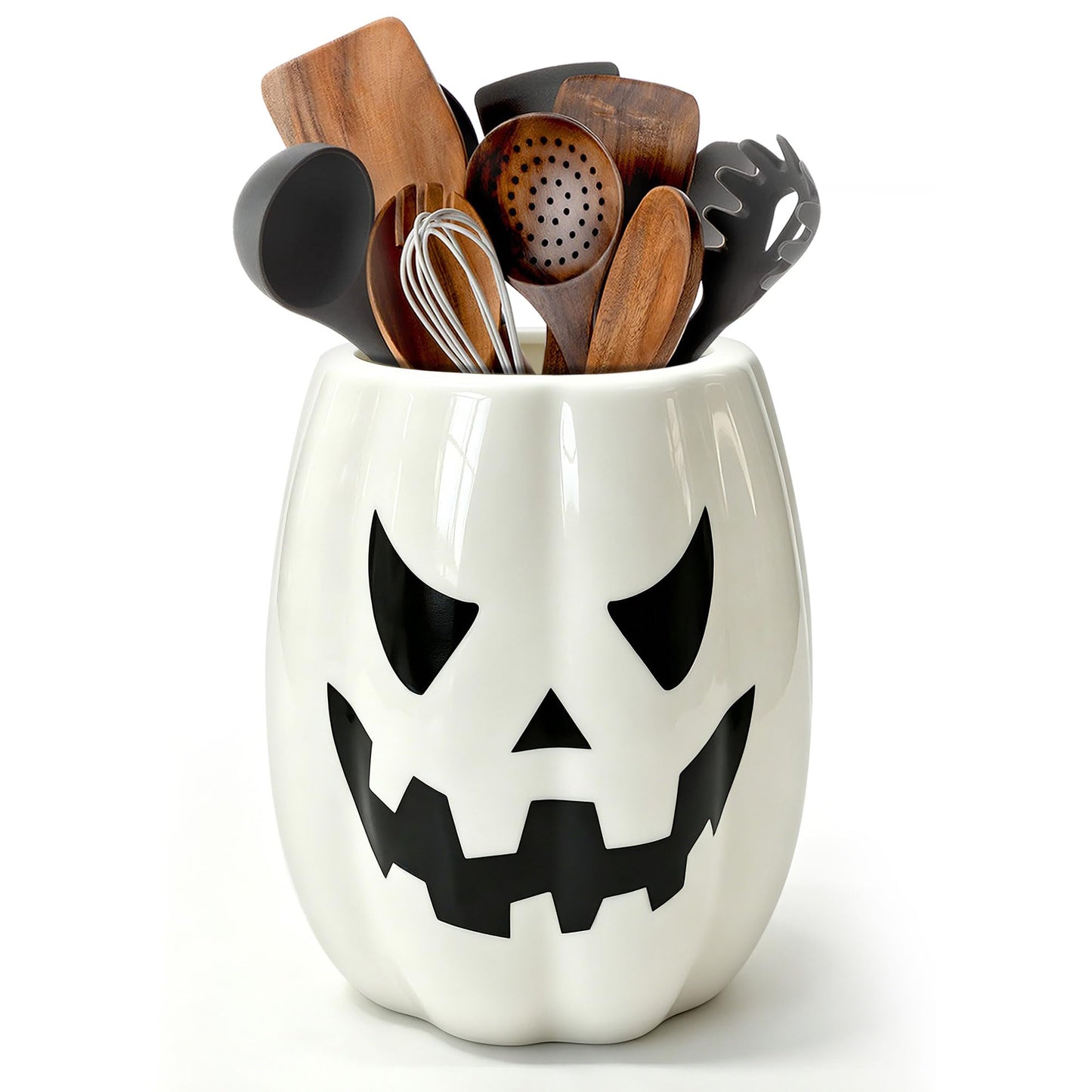 pinata Halloween Kitchen Decor Ceramic White Pumpkin Utensil Holder, Cute Halloween Utensils Holder, Ceramic Utensils Crock for Rustic Farmhouse Indoor Kitchen Decorations(6.3 Inches)
