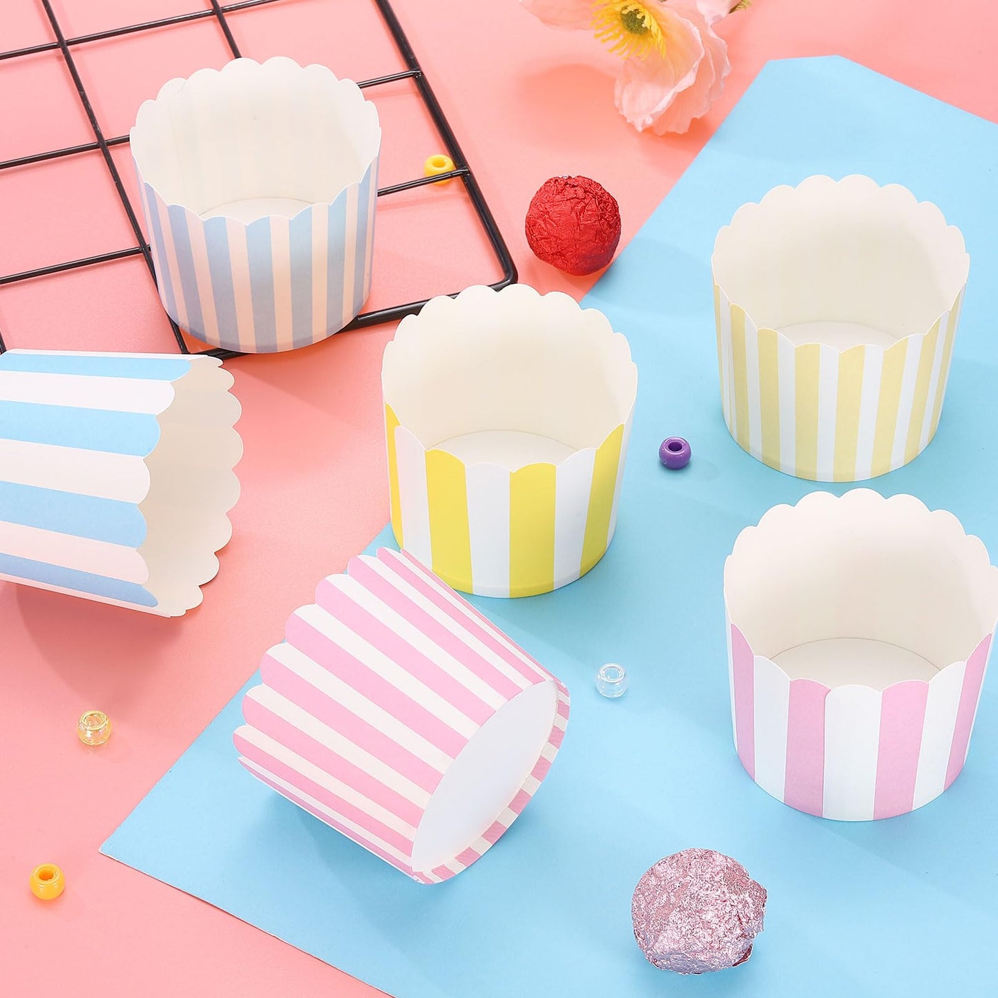 HARFINGTON 100Pcs Paper Baking Cups 6oz Greaseproof Disposable Bulk Cupcake Muffins Liners Cases Wrappers for Wedding Birthday Graduation, Stripe Pink