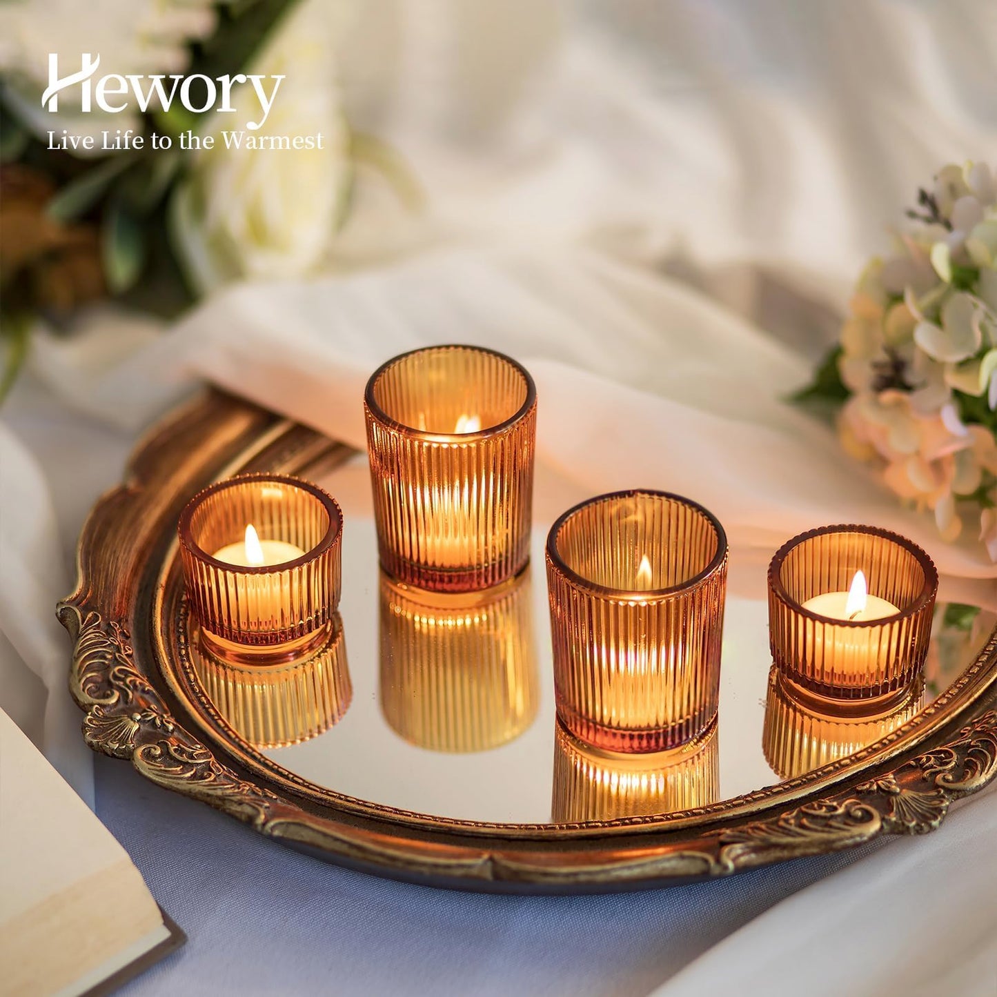 Hewory Glass Tealight Candle Holder: 8 Pcs Amber Votive Candle Holders Tea Lights Candle Holder, Ribbed Tea Light Holders Fall Decorations for Thanksgiving Table Centerpiece Wedding Party Home Decor