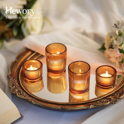 Hewory Glass Tealight Candle Holder: 8 Pcs Amber Votive Candle Holders Tea Lights Candle Holder, Ribbed Tea Light Holders Fall Decorations for Thanksgiving Table Centerpiece Wedding Party Home Decor