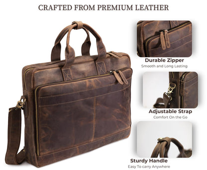NomadCraftsCo. Brown Leather Messenger Bag for Men, Genuine Leather Briefcase, 18 Inch Work Satchel for Office, Travel, and Business Use