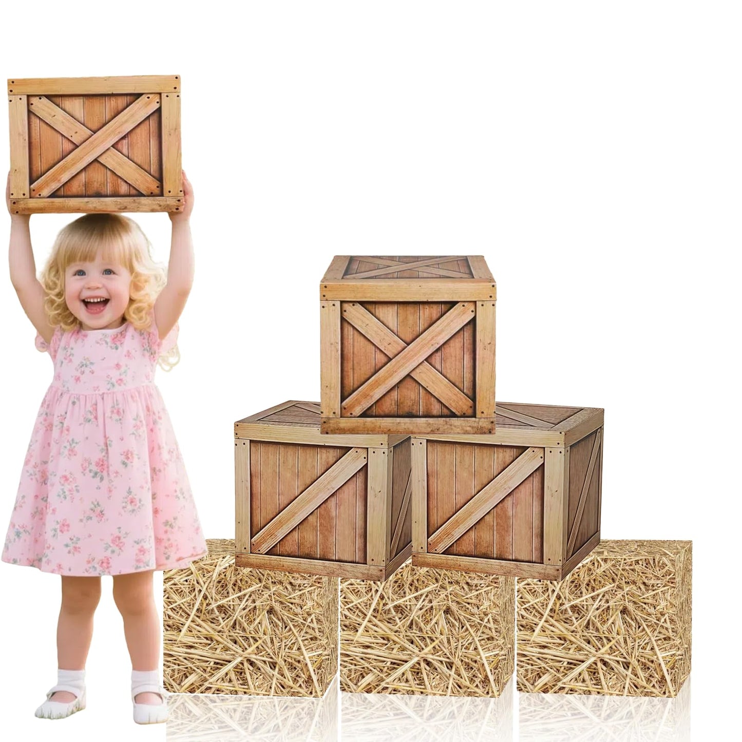 Zeivvnef 7 Pcs Hay Bales Cardboard Boxes Set Western Cowboy Party Decorations - Pirate Party Decorations, Western Wooden Grain Boxes, Fake Hay Photo Booth Props Straw Boxes for Fall Harvest Halloween
