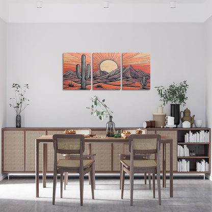 jejeloiu Cactus Canvas Wall Art for Living Room Bedroom 12"x16"x3pcs Boho Succulent Picture Wall Decor for Bathroom Western Mountain Sun Office Decorations Artwork Posters Nature Landscape Painting