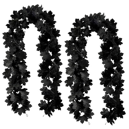 Joyhalo 2 Pack Halloween Garland, 5.7FT Black Leaf Garland for Mantle, Artificial Hanging Black Maple Leaves Vines, Spooky Halloween Outdoor Floral, Haunted Mansion, Fireplace, Fall Decor