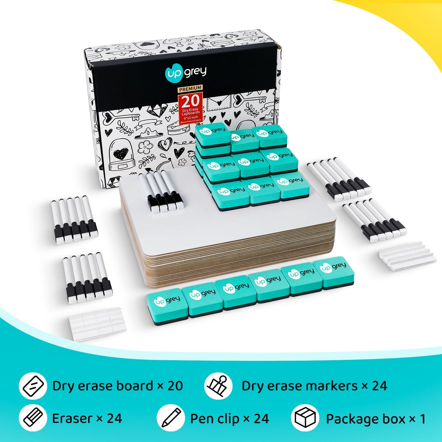 UPGREY Dry Erase Boards, Small Whiteboard 20 Pack 9"X12" Double-Sided Mini Whiteboards for Kids Lapboards with 24 Pens+24 Erasers+24 Pen Clips for Students, Teachers, Class, Office