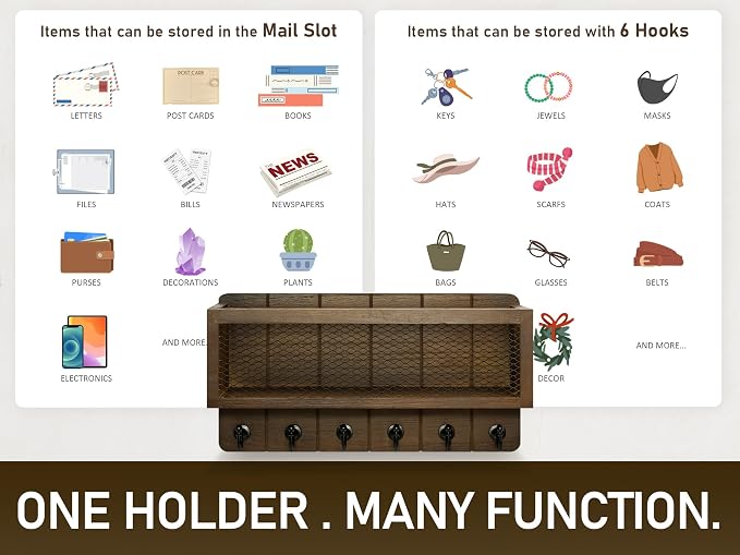Rebee Vision Farmhouse Key Holder for Wall with Mail Storage Basket : Decorative Wall Mount Organizer with 6 Sturdy Wall Hooks and Wooden Key Rack - Rustic Home Decor (Retro Brown)