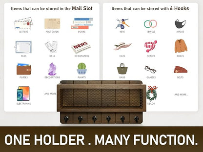 Rebee Vision Farmhouse Key Holder for Wall with Mail Storage Basket : Decorative Wall Mount Organizer with 6 Sturdy Wall Hooks and Wooden Key Rack - Rustic Home Decor (Retro Brown)